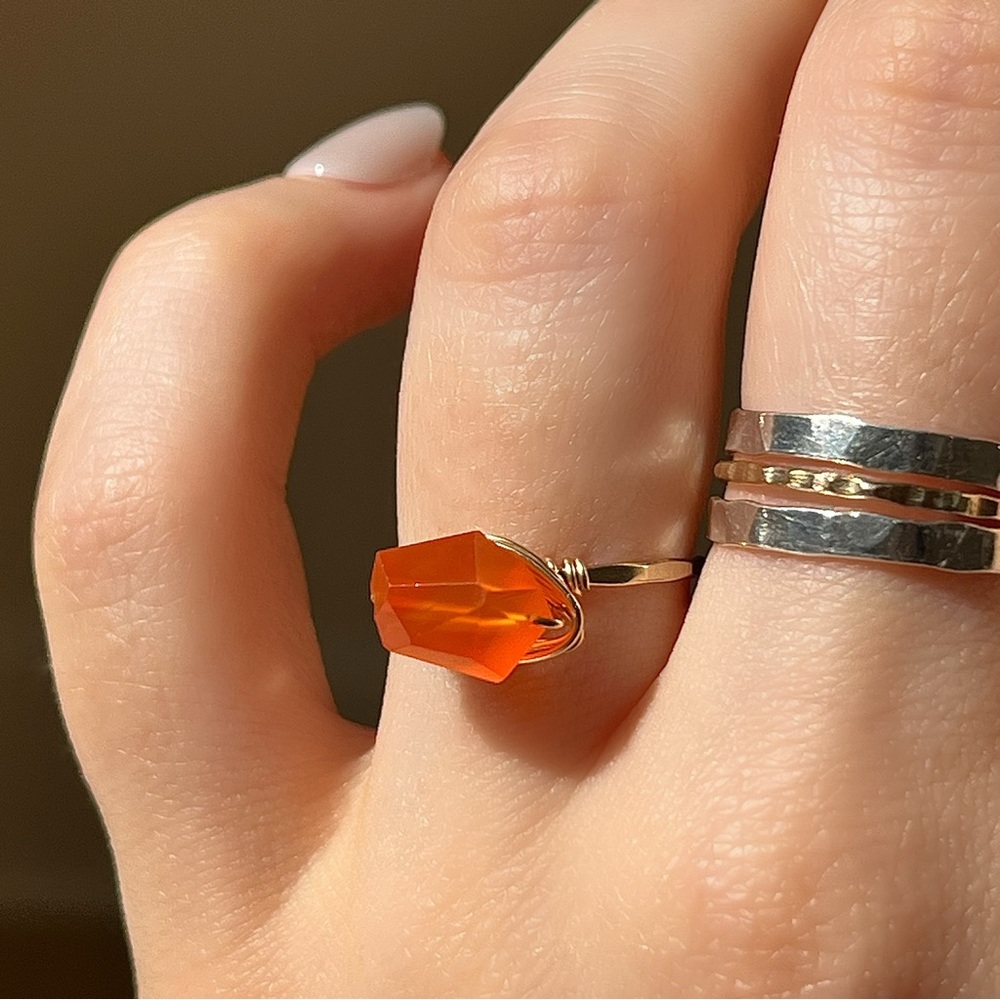 Gold Filled Wire Wrapped Ring Rough Cut Carnelian Faceted Orange Stone Size 5-9